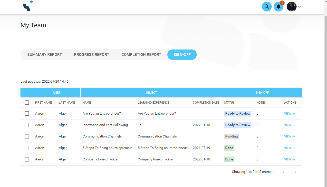 Manager feedback and signoff Learning Pool Help Centre